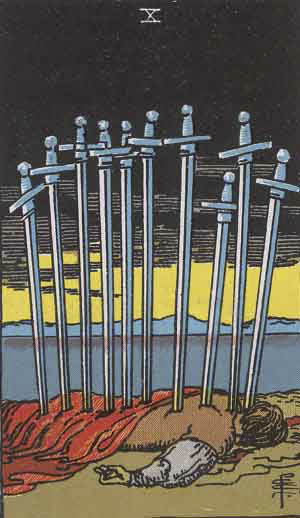 Ten of Swords from the Waite-Smith Tarot. Image source: Wikimedia Commons.