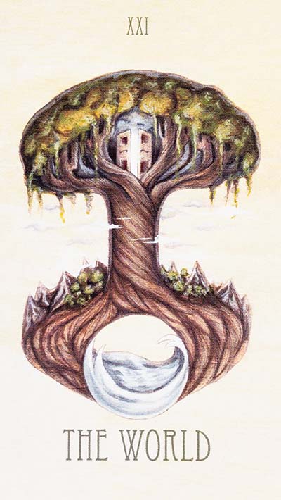 The World - Wooden Tarot - A many-rooted tree with a sphere of water amid its roots and a house cradled in its strong branches